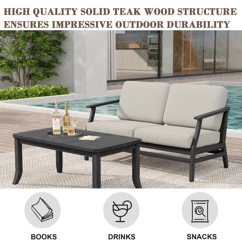 Teak Wood Patio Outdoor Loveseat Sofa and Coffee Table Set