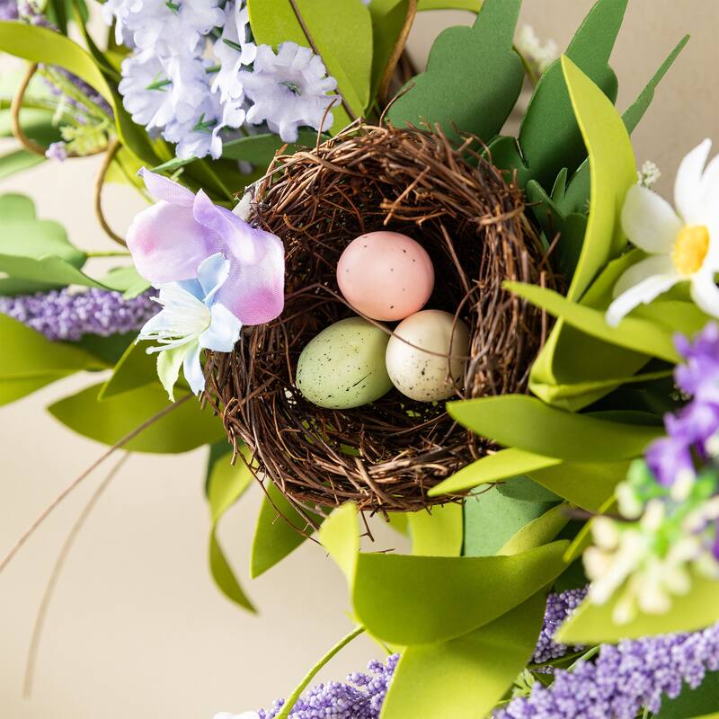 Glitzhome Easter Wreath with Eggs Lavender Bird Nest for Front Door Wall Window Holiday Decoration