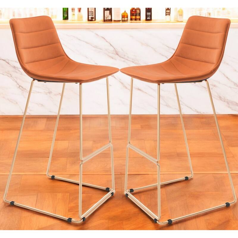 Set of Two 30" Orange And Gold Velvet And Steel Bar Height Bar Chairs - Orange