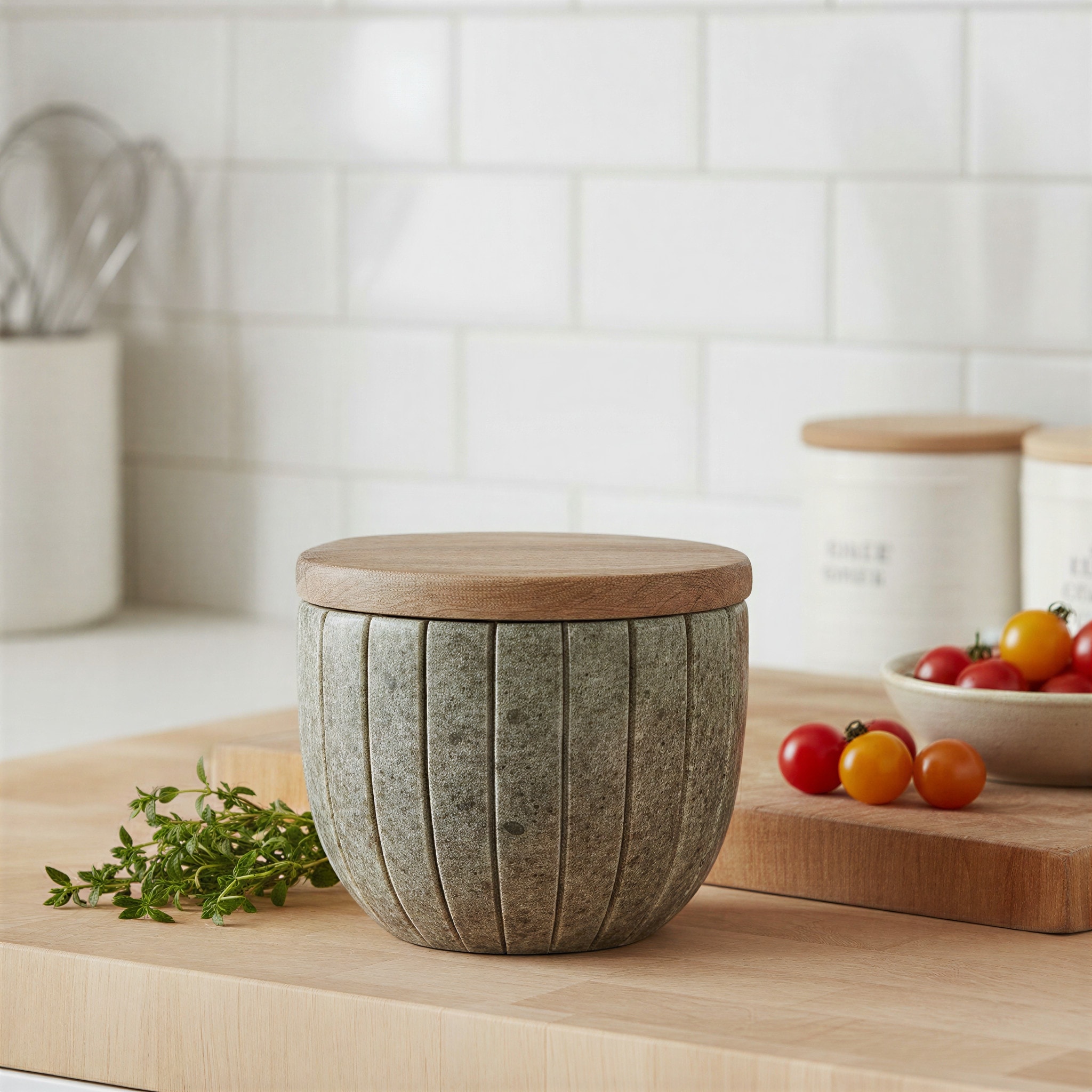 Carved Marble Container with Mango Wood Lid - 4.0"L x 4.0"W x 3.5"H