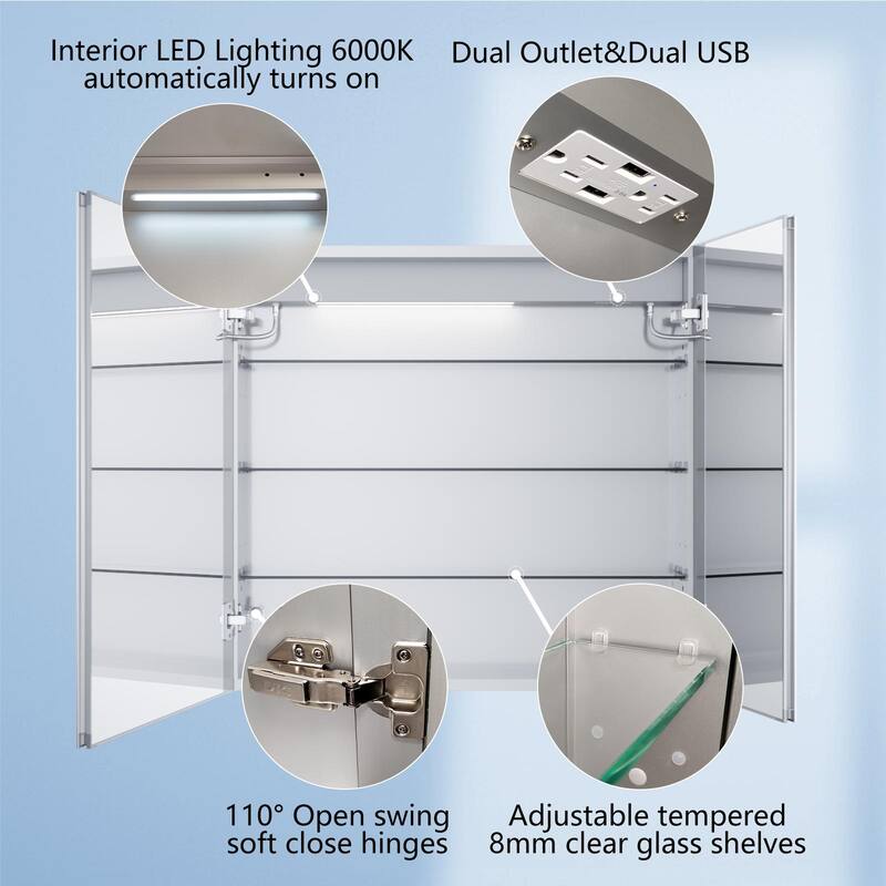 ExBrite 36" x 30" LED Lighted Bathroom Medicine Cabinet with Mirror,Recessed or Surface Mount,Defog