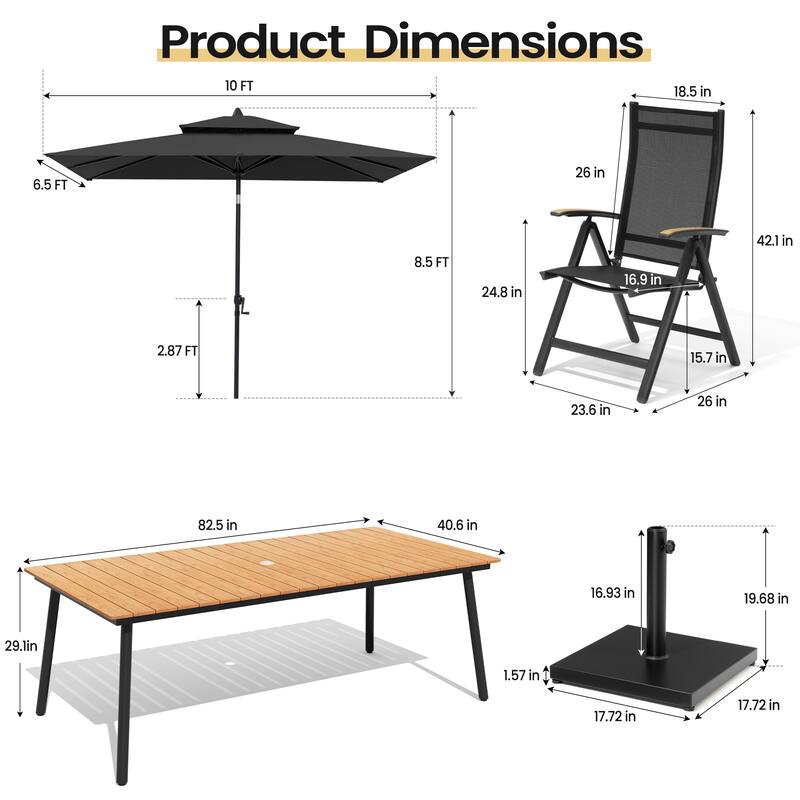 11PC Outdoor Patio Dining Set Aluminum Table with Folding Armchairs w/ Market Umbrella Sets
