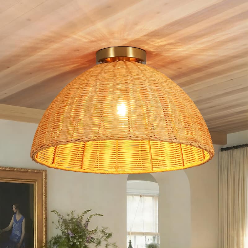 16.5" W Boho Coastal Brown Handwoven Rattan Dome Flush Mount Ceilig Light for Kitchen, Hallways - 16.5 in. W x 10.6 in. H x 16.5 in. D - Brown/Gold