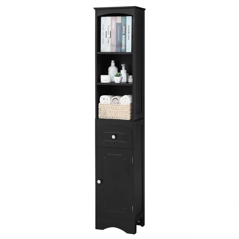 Bathroom Storage Cabinet with Drawer, Open Shelves and Adjustable Shelf, Tall Cabinet with Curved Line Top and Bottom Pane