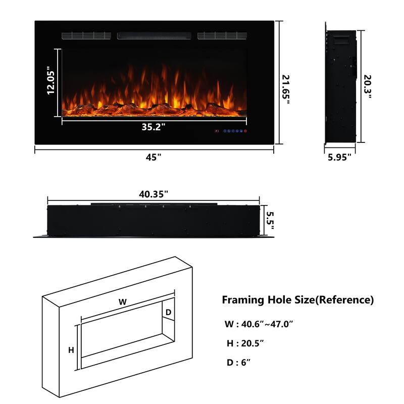 72in Wall-Mounted & Recessed Electric Fireplace Inserts - 45in