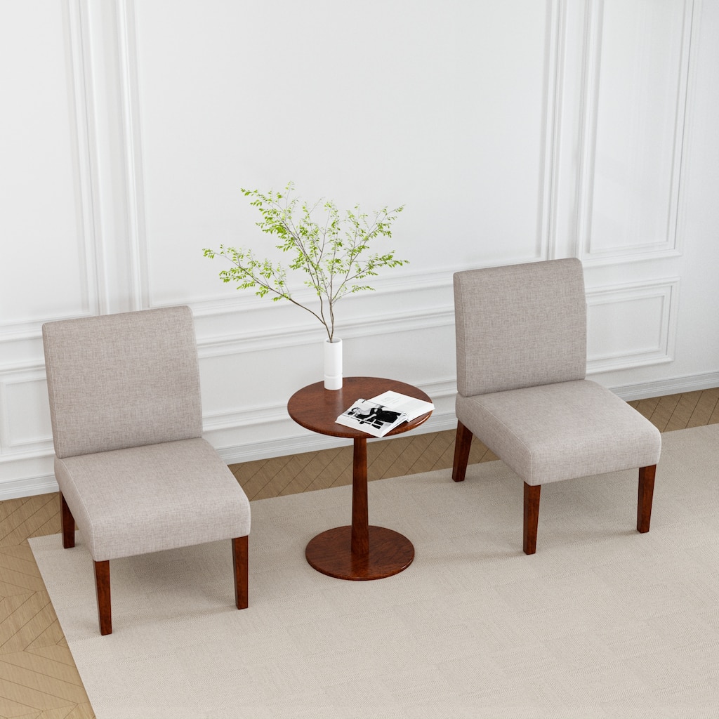 Round Wood Side Table & Dining Chairs Set Breakfast Nook with 2 Upholstered Fabric Beige Dining Chairs