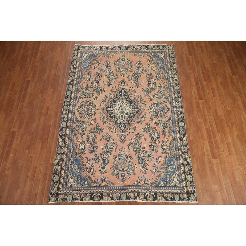 Hand Knotted Oriental 100% Wool Carpet Traditional Floral Coral Hamedan Area Rug - 9' 4'' X 6' 3''