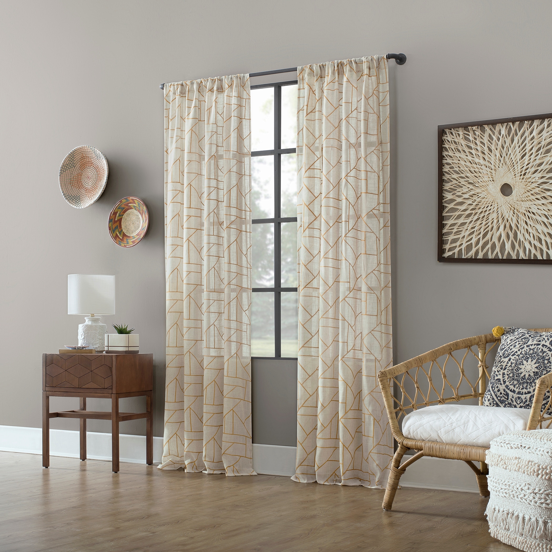 Archaeo Jigsaw Embroidery Linen Blend Curtain, Single Panel - On