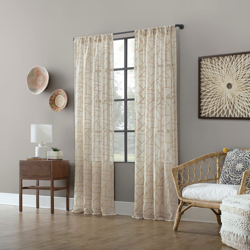 Archaeo Jigsaw Embroidery Linen Blend Curtain, Single Panel