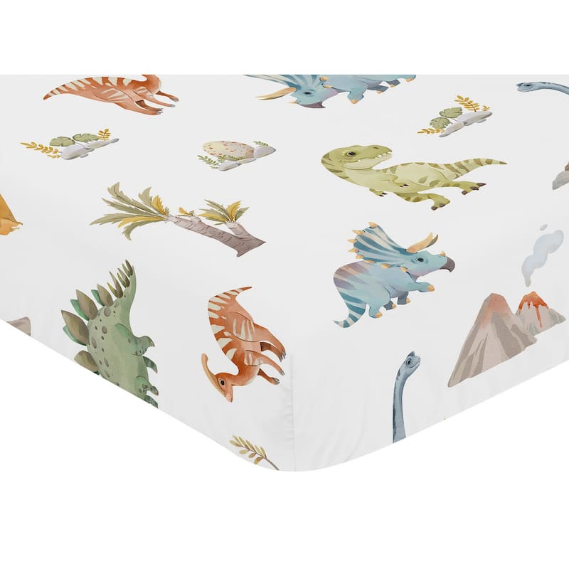 Sweet Jojo Designs Watercolor Dinosaur Dino Boy Fitted Crib Sheet Green Blue White Modern Dinosaurs Jurassic Nature Animal Steel