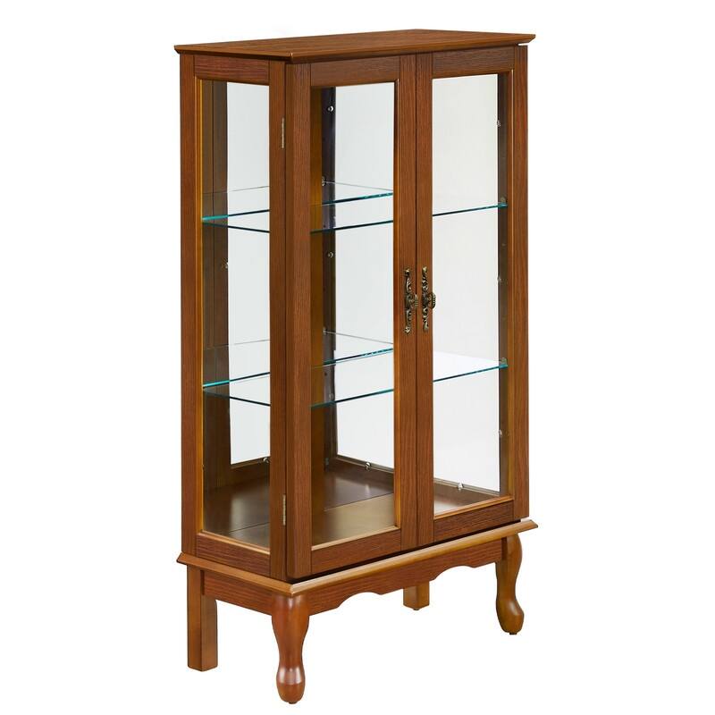 Curio Cabinet Lighted Diapaly Cabinet Wooden Shelving Unit with Adjustable Shelves and Mirrored Back Panel, Tempered Glass Doors