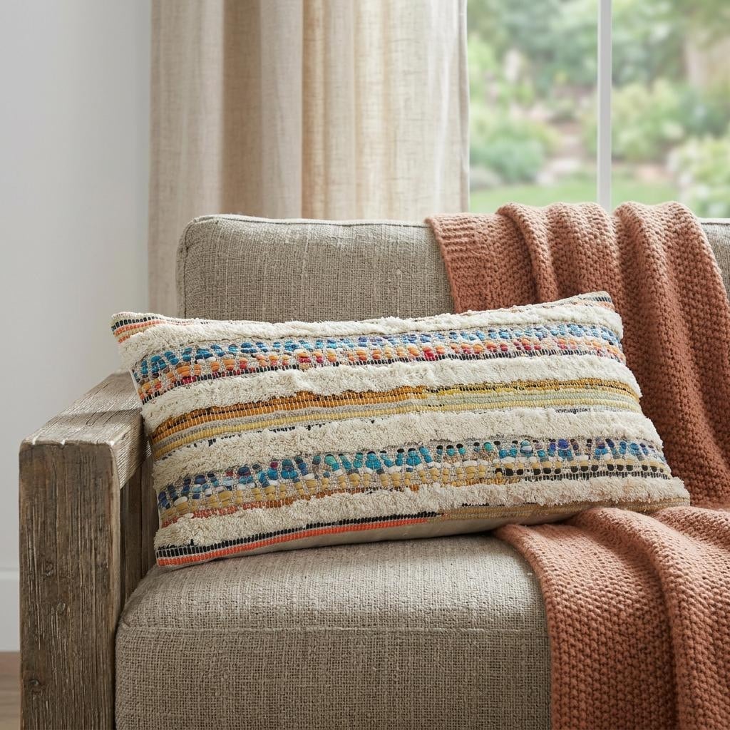 HomeRoots 14" X 36" Off White Red And Blue Cotton Striped Throw Pillow