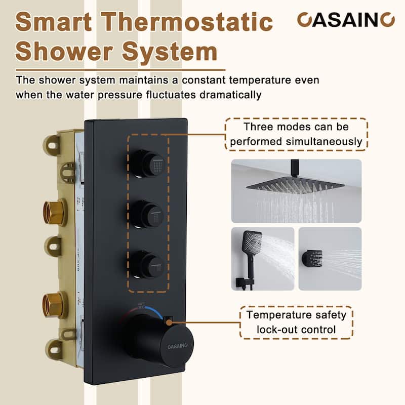 Luxury Thermostatic Shower System 3-Spray Patterns Ceiling Mount Fixed Shower Head and Handheld Spray with 6 Body Jets