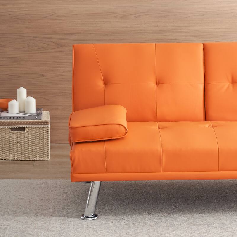 67" Orange PVC Multifunctional Office Sofa Bed with Coffee Table
