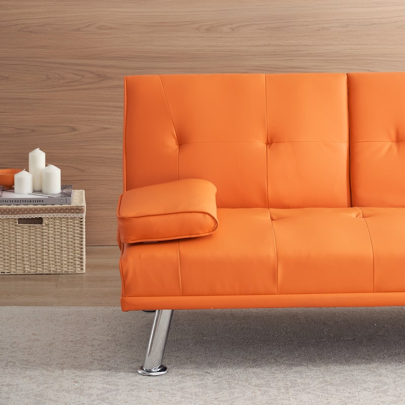 Adjustable Loveseat Couch PU Leather Sleeper Sofa Bed w/ Folding Table