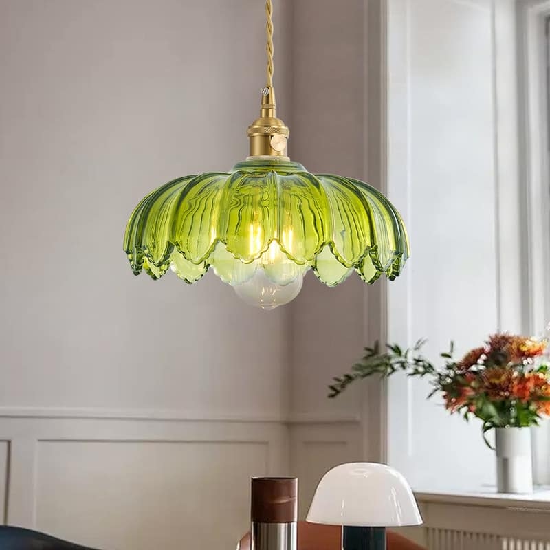 Modern 1-Light Pendant with Light Green Tinted Glass Shade and Electroplated Brass Finish