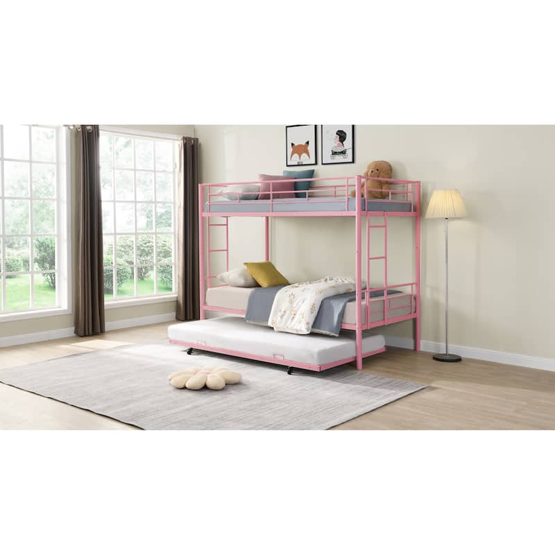 Pink Metal Bunk Bed with Trundle, Space-Saving, Sturdy Steel Frame, Easy Assembly, No Box Spring Needed