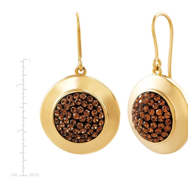 Circle Disc Earrings with Crystals in 14K Gold-Plated Bronze - Brown