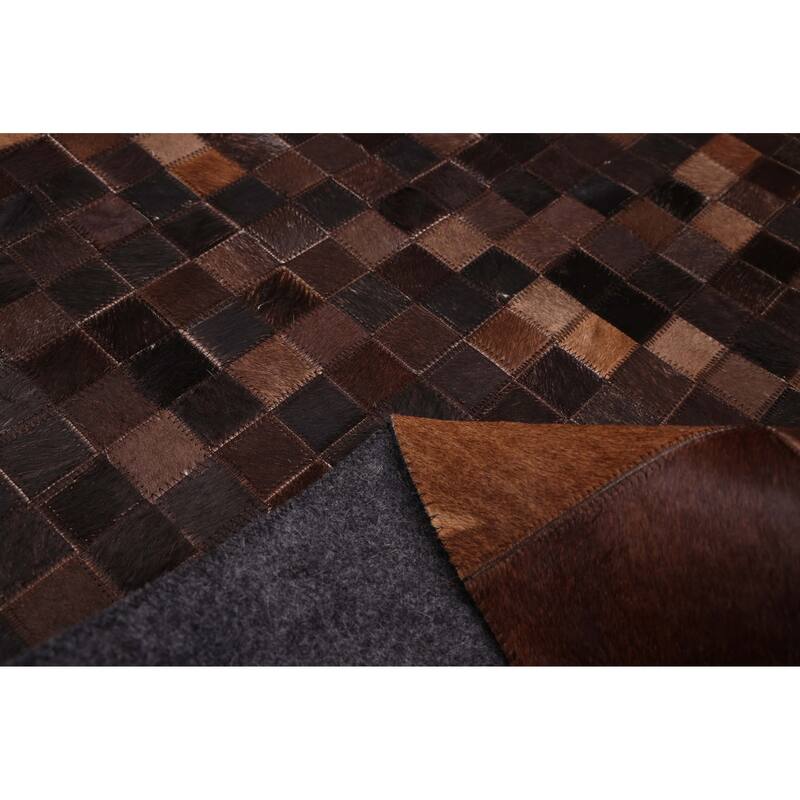 ECARPETGALLERY Handmade Cowhide Patchwork Dark Brown Leather Rug - 8'1 x 10'0
