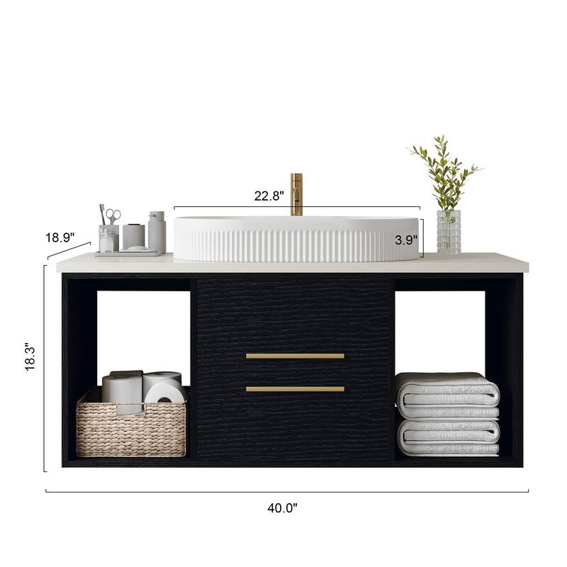39.4"Wall-Mounted Bathroom Vanity with Ceramic Sink Floating Vanity Multi-Layer Cabinet Soft-Close Drawers Open Shelf Storage