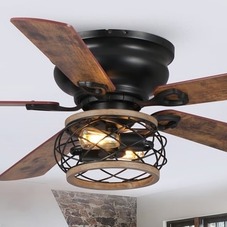 48" Antique Wooden 5-Blade Black Flush Mount Ceiling Fan with Light