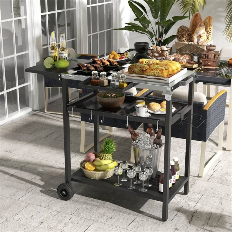 Stainless Steel Serving Cart with Two Shelves, Hooks, Spice Containers, and Foldable Table for Patio, Backyard