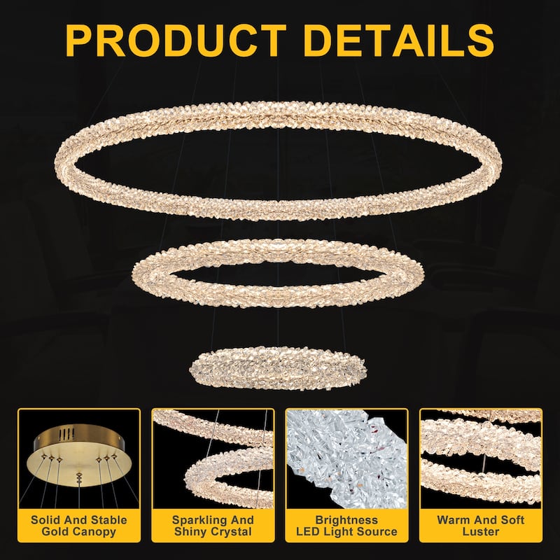 Modern Gold 3-Light Tiered Crystal LED Chandelier, Dimmable - Dia.27.56-in