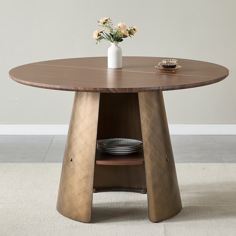 47.25 Inch Round Dining Table, Retro Style, Brushed Texture, Suitable For 4-6 People, MDF Tabletop, Metal Frame