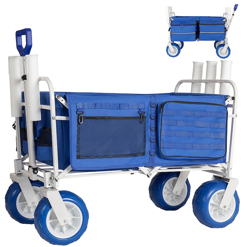 Beach Wagon Cart with Rod Holders and 9" All-Terrain Wheels, 500lbs Heavy Duty Collapsible Folding Wagon, Adjustable Handle