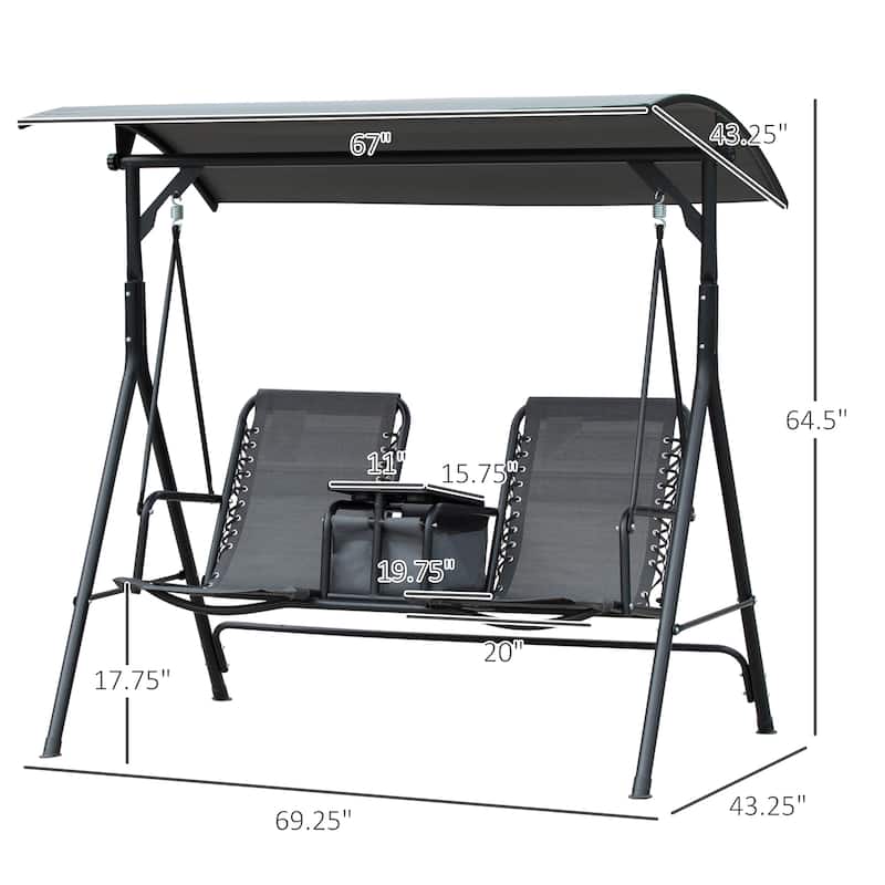 Steel 2-Seat Patio Swing with Canopy, Cup Holders and Storage Table (528lb Capacity)