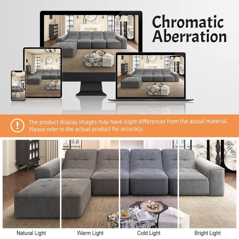 GDFStudio - Modern 143.7" Tufted Chenille Upholstered Modular Sectional Sofa Set with Removable Ottoman & Ergonomic Design