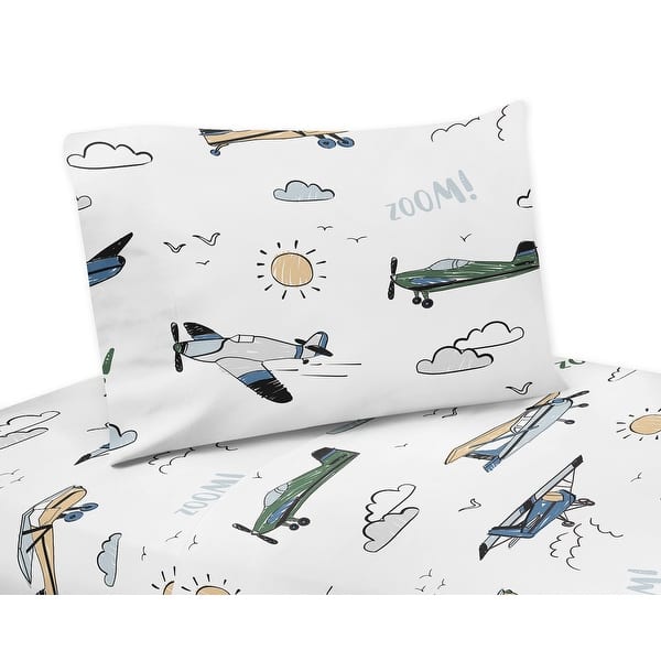slide 2 of 5, Sweet Jojo Designs Vintage Airplane Boy 4pc Queen Sheet Set Green Blue Yellow Airplanes Plane Transportation Clouds Sun Aviator