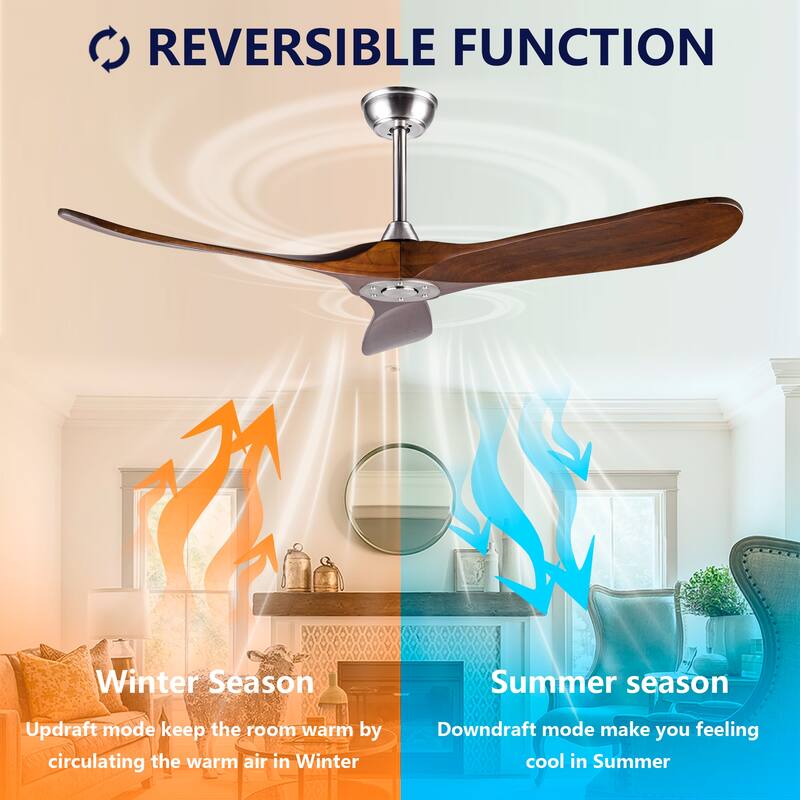 52" Solid Wood Ceiling Fan, Outdoor, 3 Blade, No Light, for Patio Living Room Bedroom Porch, Remote Control, Water Resistant