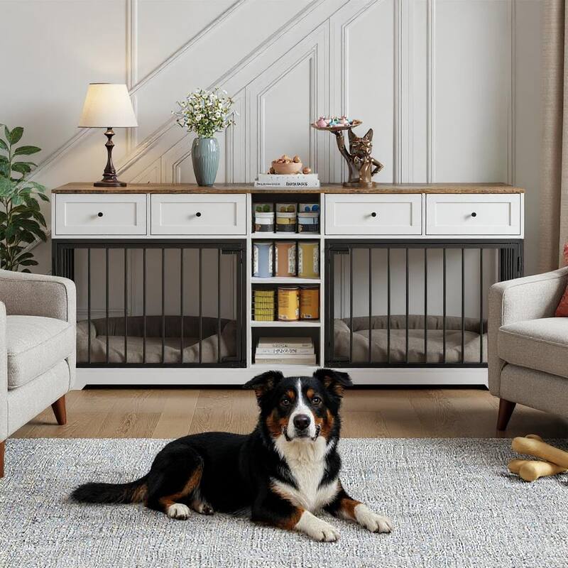 Large Dog Crate for 2 Dogs, with 4 Drawers and Shelves, 82" - White