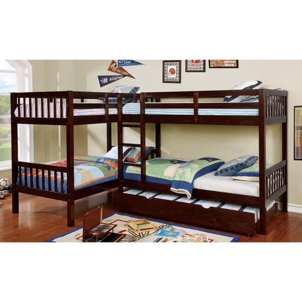 slide 2 of 17, Furniture of America Ness Traditional Twin-over-Twin Bunk Bed with Trundle Dark Walnut