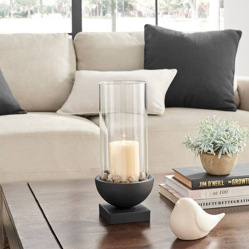 Danya B. Modern Black Metal Bold Pedestal and Glass Pillar Candle Holder - 6" x 6" x 13.5"
