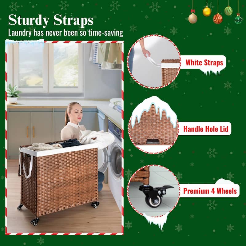 Laundry Hamper with Wheels, 160L Rattan Hampers & 2 Removable Liner Bags, Laundry Basket with Lid - 27"Lx 13.38"W x 26.18"H