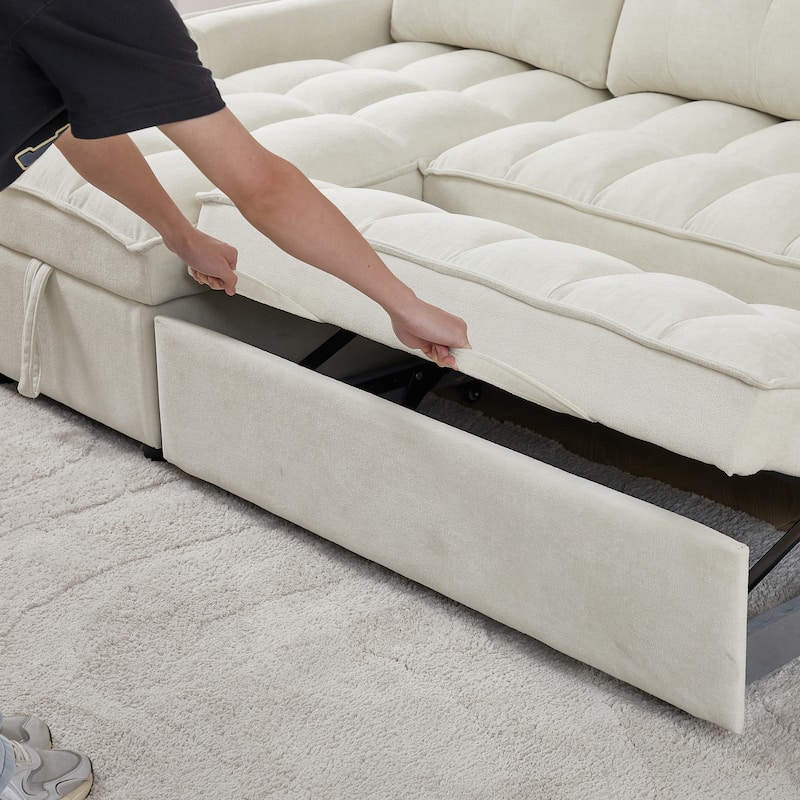 L-shaped Reclining Sofa Chenille Sectional Sofa with Storage Chaise, Pull Out Sleeper Bed, Charging Station and Side Pockets