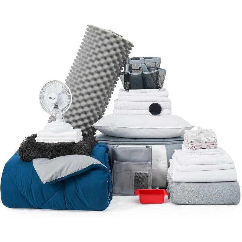 Fully-Loaded - Twin XL Dorm Bedding + Essentials Pack - Nightfall Navy / Alloy