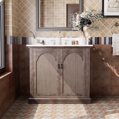 36" Bathroom Vanity with Single Sink, Double Doors, Rattan Accents & Marble-Style Top