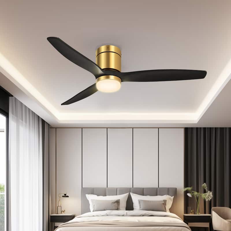 Moasis 52 Inch Low Profile Flush Mount Wood Blades Ceiling Fan with LED Light and Remote - Black