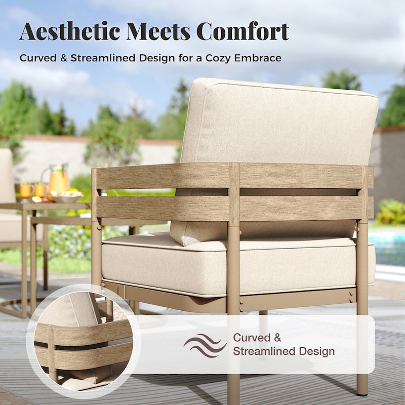 MAISON ARTS 5-Seater Patio Conversation Set Curved Metal Wood-Like Sofa Set