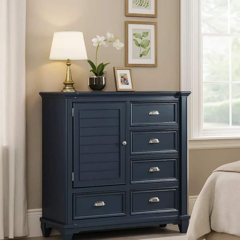 Zeny Bedroom Armoire, 48 Inch, 5 Drawers w 1 Cabinet, Slate Blue Solid Wood
