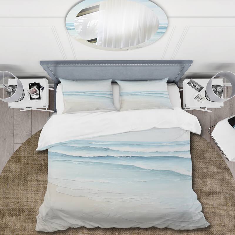 Designart "Beach Photo Tranquil Waters I" Blue Coastal - Bed Cover Set With Shams