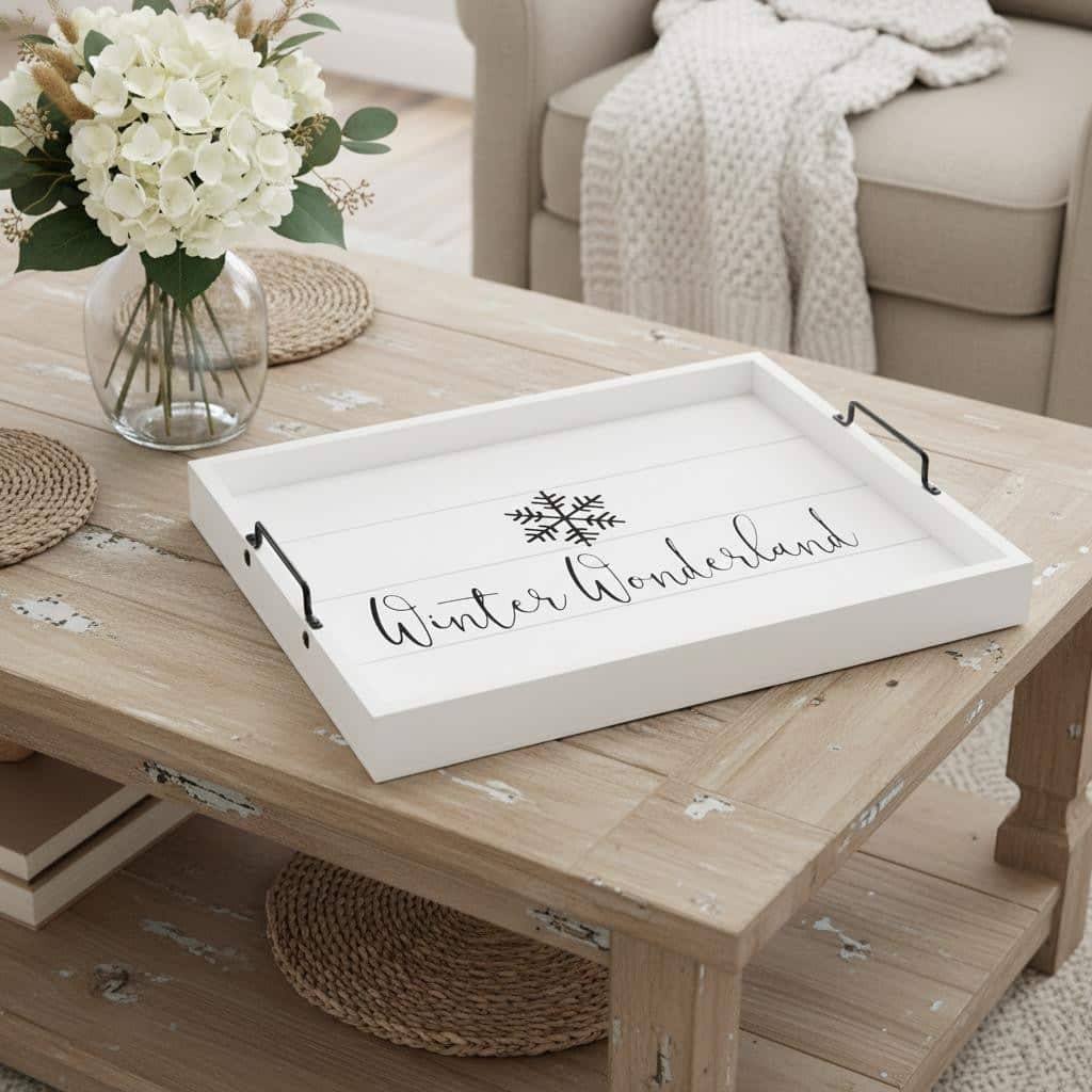 HomeRoots 16" White And Black Winter Wonderland Serving Tray With Handles - 15.50 in. x 2.25 in. x 12.00 in.