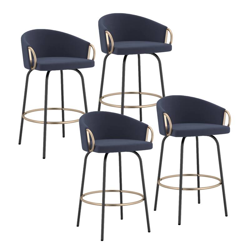 Contemporary Velvet and Metal 26" Counter Stool, Set of 4 - Grey and Black and Gold