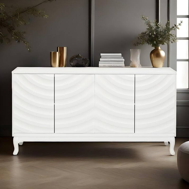 Elegant Sideboard Featuring Sophisticated Wavy Pattern Doors,Adjustable,Suitable for Study, Entryway and Living Room - White