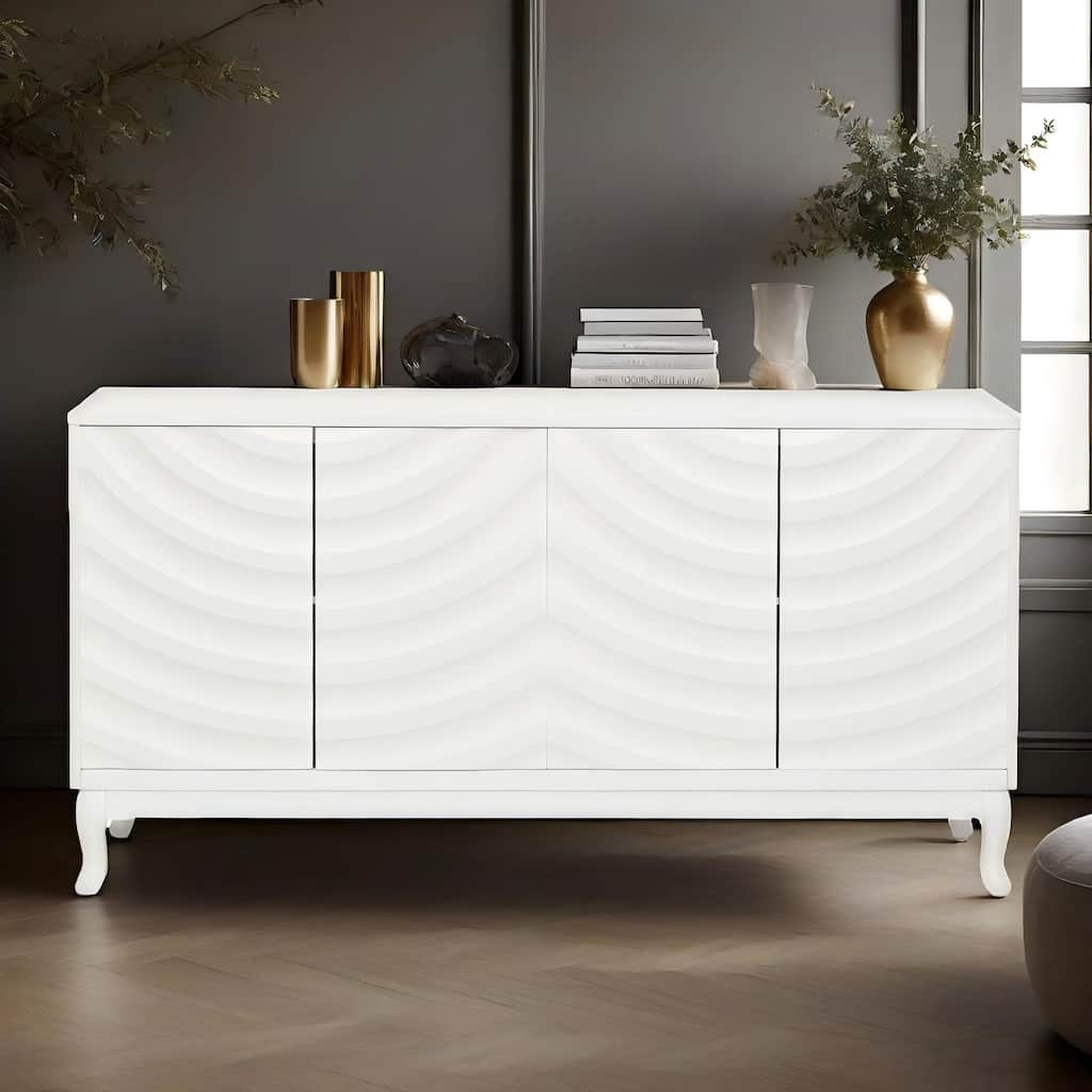 Sideboard Cabinet with Wavy Pattern Doors, Storage Cabinet with Adjustabel Shelves, Buffet Cabinet with Wooden Legs