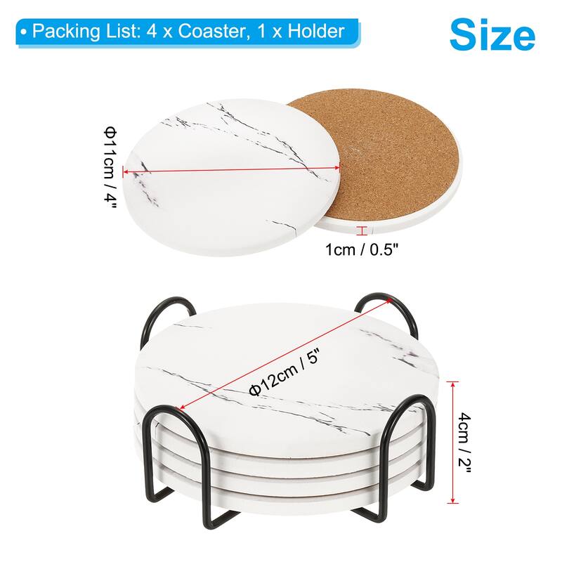 Ceramic Stone Coasters, 4pcs Cork Base Cup Coasters Set with Holder - White
