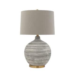 Textured Black & White Striped Ceramic Table Lamp with Grey Linen Shade